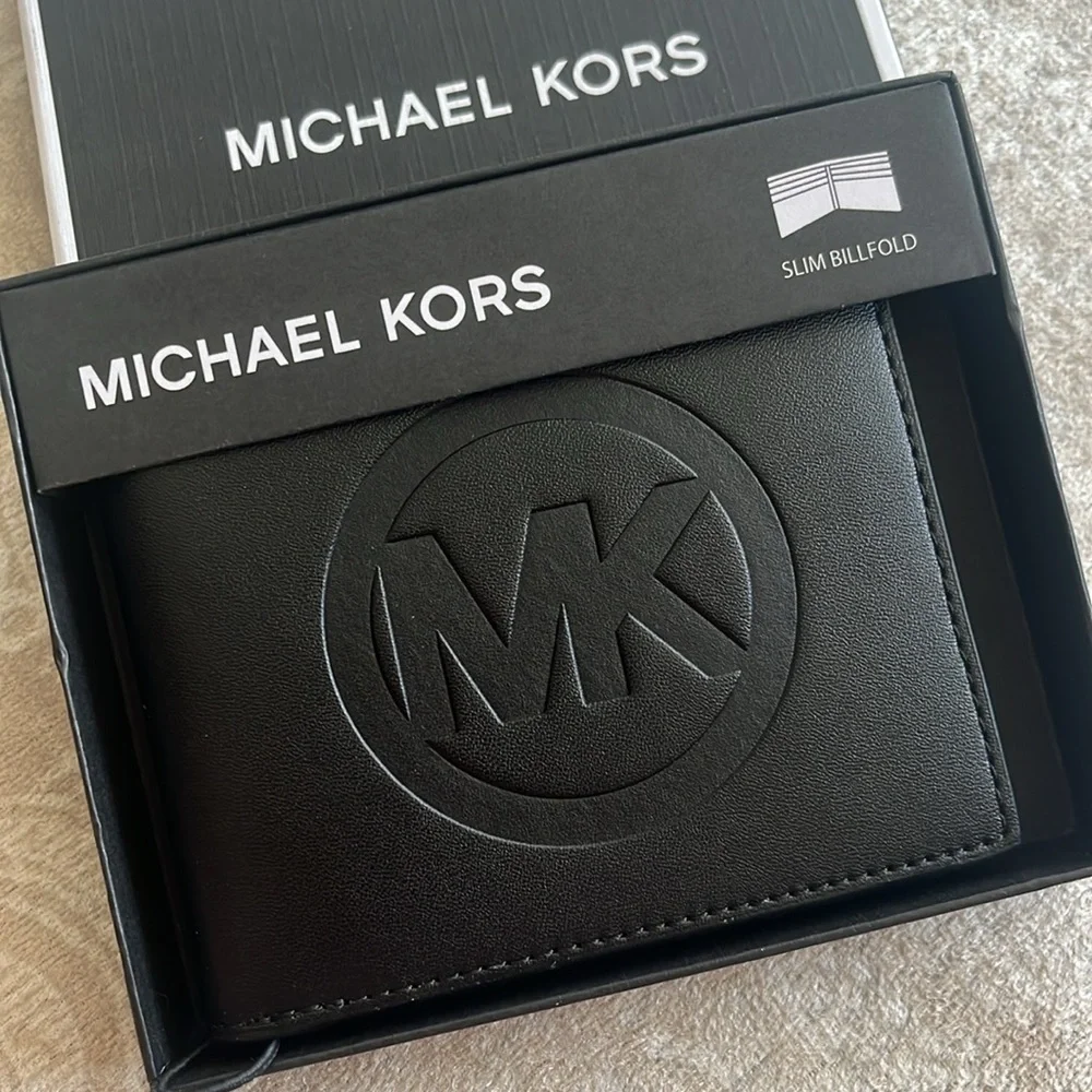 Brand New Michael Kors Genuine Leather Jet Set Mens Black Slim Bifold Wallet